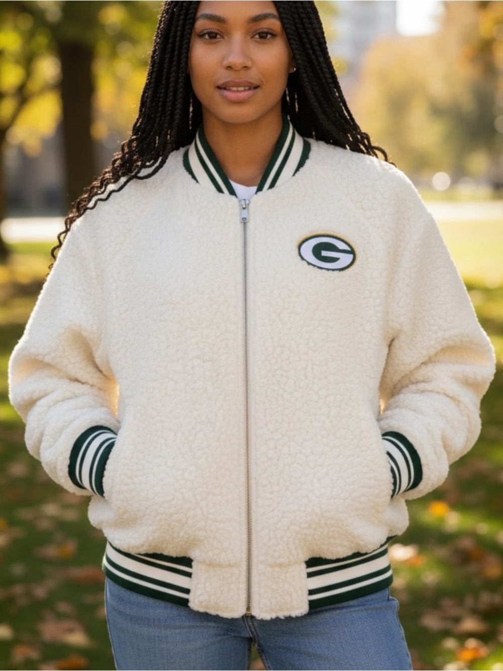 NFL Team Apparel Green Bay Packers White Sherpa Full Zip Jacket